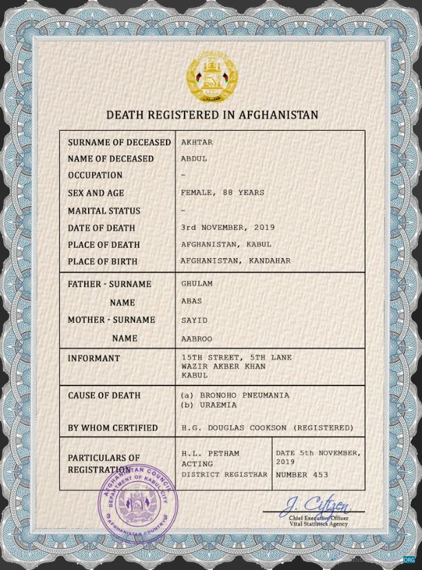 Download Afghanistan vital record death certificate PSD Photoshop template